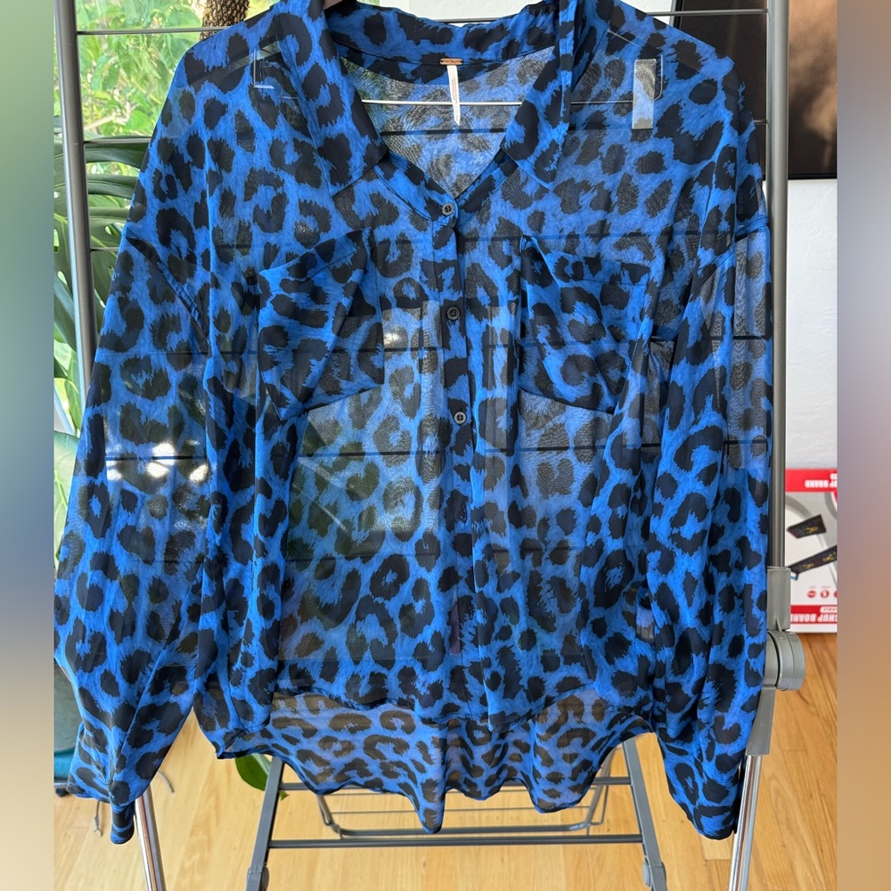 Free People Bright Blue Leopard Print Sheer Blouse